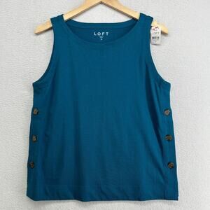 LOFT Tank Top M Side Button Round Neck Sleeveless Jersey Cotton Shell Blue NEW